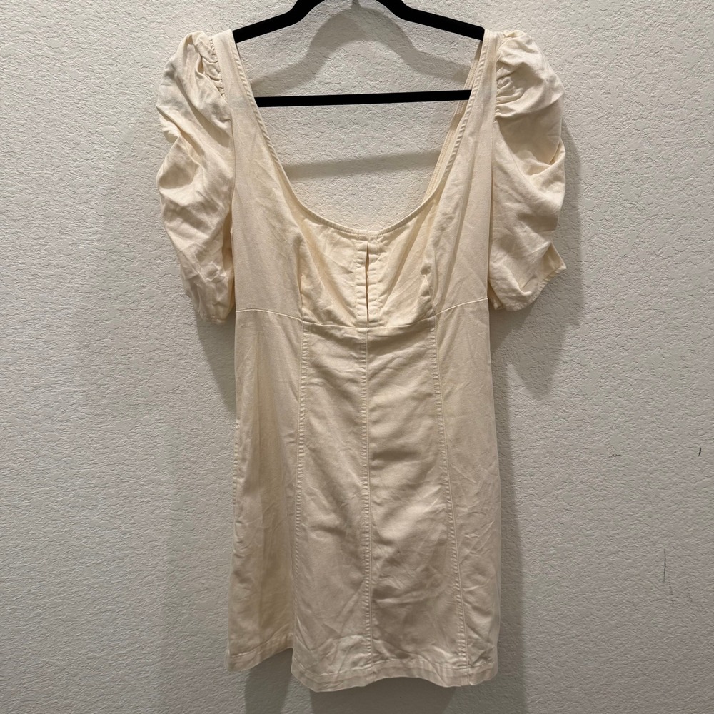 Free People Cream Puff Sleeve Mini Dress Smocked Back Pockets Ivory XS